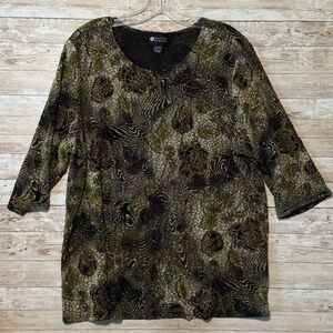 Maggie Barnes Blouse Womens 1X Black Gray Green Brown Shimmer Floral 3/4 Sleeve
